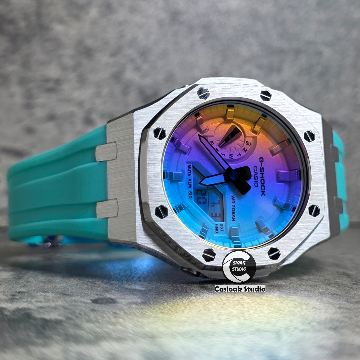 Casioak Mod Watch Silver Case Tiff Rubber Strap 44mm Ga2100 Full-Surface Gradated Crystal