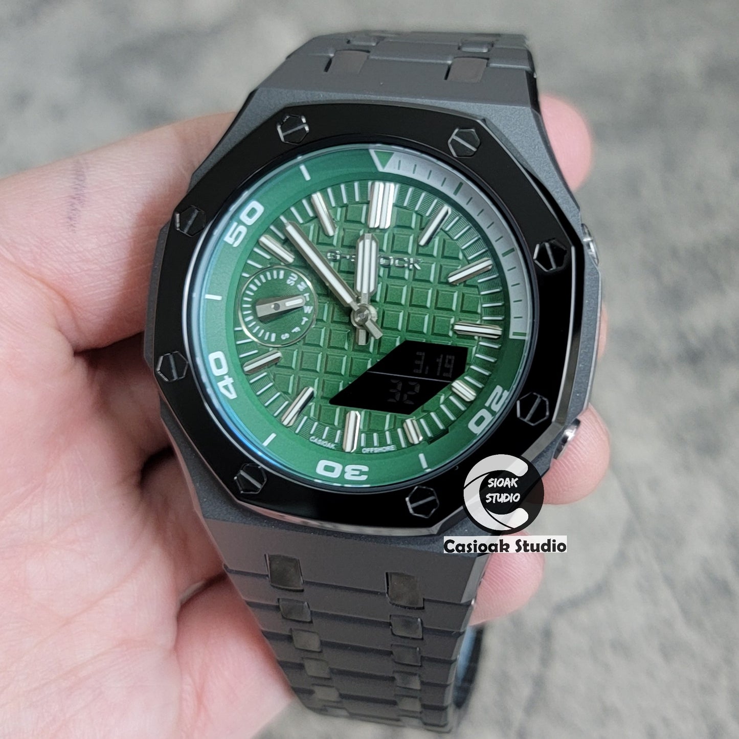 Casioak Mod Watch New Polished Gray Case Metal Strap Green Time Mark Green Dial 44mm Sapphire Glass - Casioak Studio