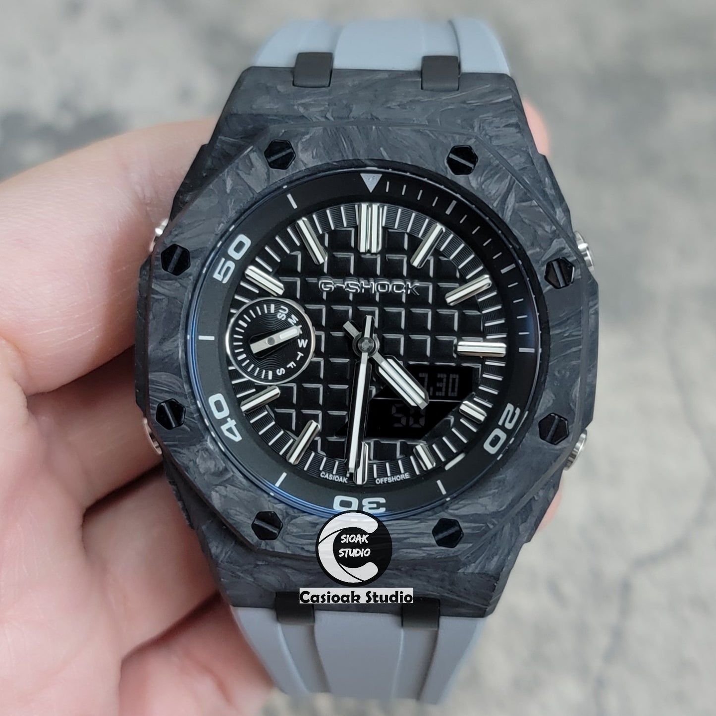 Casioak Mod Watch NEW Carbon Fiber Offshore Superior Black Case Gray Strap Black Silver Time Mark Black Dial 44mm