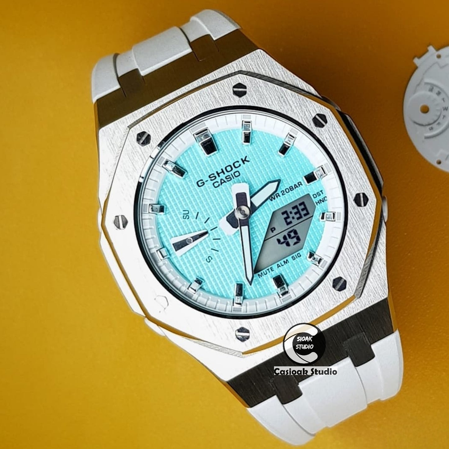 Casioak Mod Watch Silver Case White Rubber Strap White Silver Time Mark Tiff Blue Dials 42mm