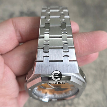 Casioak Mod Watch Silver Case Metal Strap Silver Time Mark Gold Dials 44mm