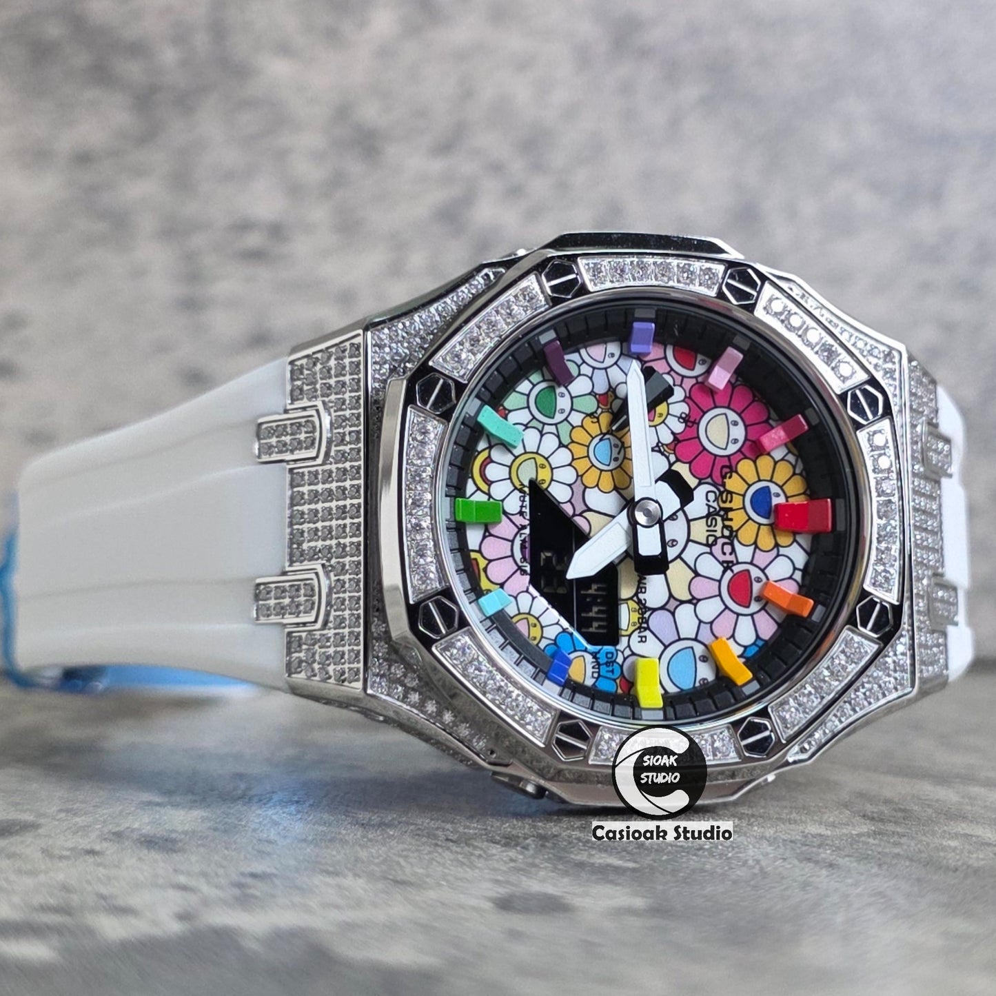 Casioak Mod Watch Diamond Silver Case White Strap Black Rainbow Time Mark Takashi Murakami Dials 44mm