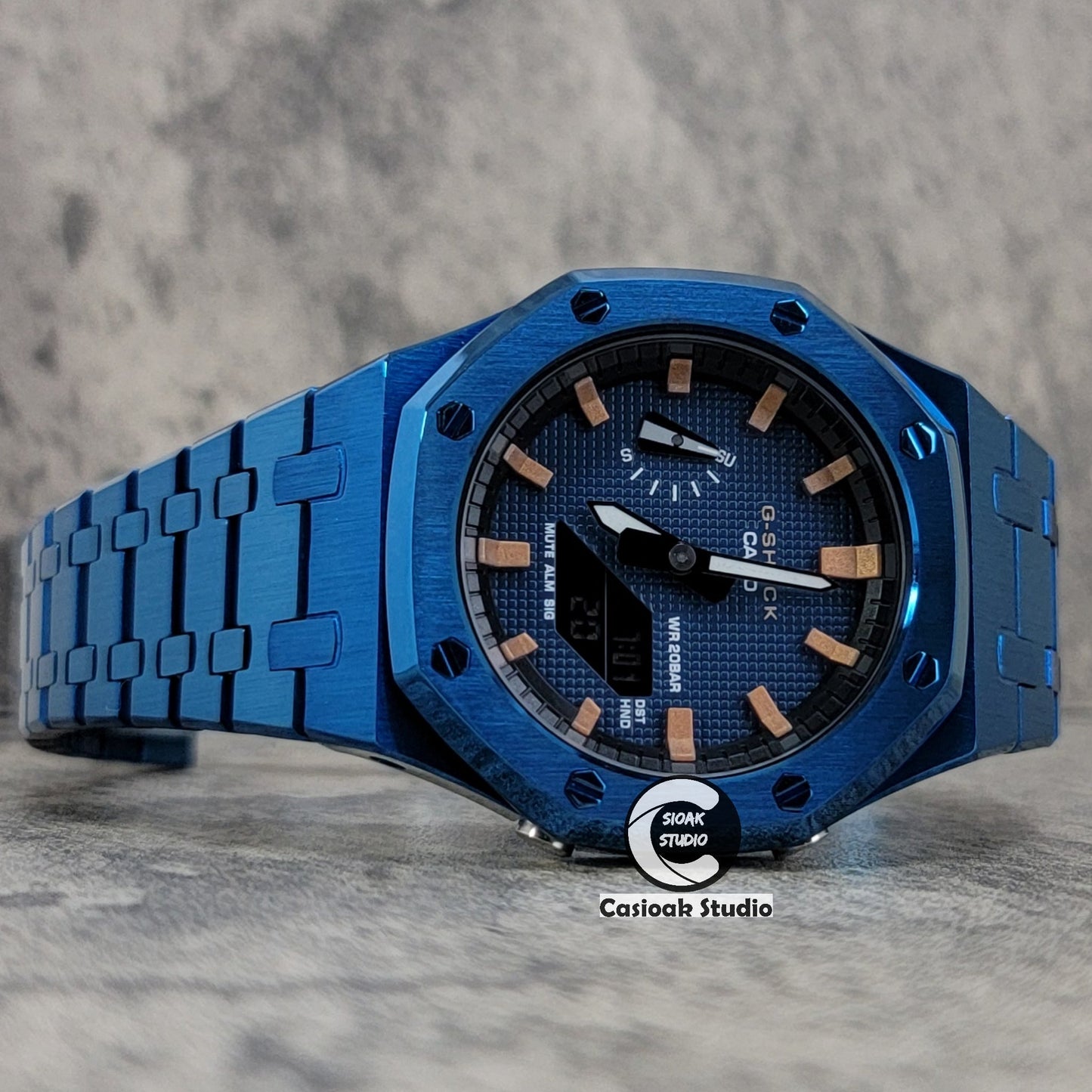 Casioak Mod Watch Blue Case Metal Strap Black Rosegold Time Mark Blue Waffle Dial 44mm