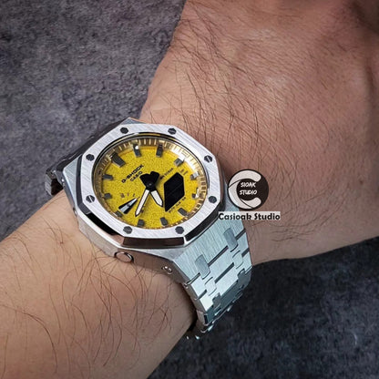 Casioak Mod Watch Silver Case Metal Strap Gold Silver Time Mark Gold Dials 44mm