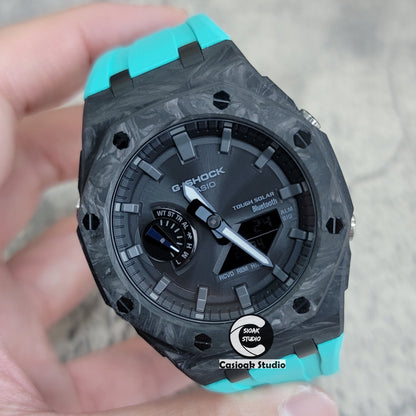 Casioak Mod Watch Solar Bluetooth Carbon Fiber Offshore Superior Black Case Tiff Rubber Strap Black Grey Time Mark Black Dial 44mm