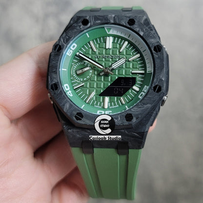 Casioak Mod Watch NEW Carbon Fiber Offshore Superior Black Case Green Strap Green Silver Time Mark Green Dial 44mm