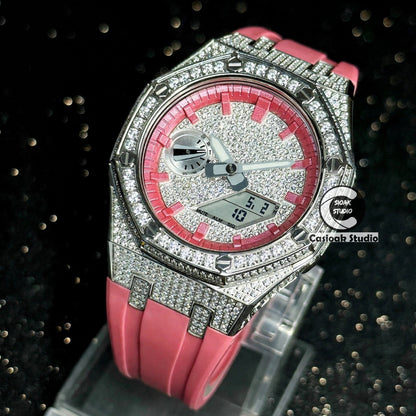 Casioak Mod Watch Diamond Style Silver Case Red Strap Red Time Mark Diamond Style Dials 44mm