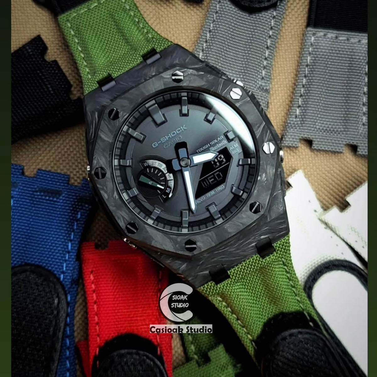Casioak Mod Solar Watch Carbon Fiber Offshore Superior Black Case Green Nylon Canvas Strap Black Time Mark Black Dials 44mm