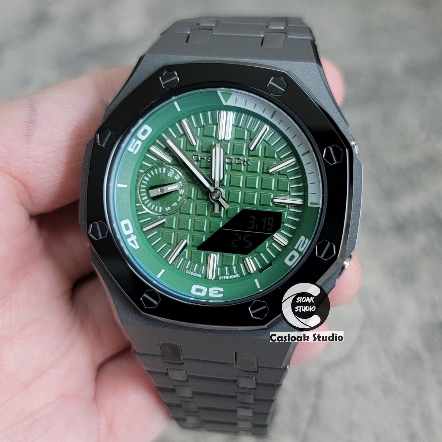 Casioak Mod Watch New Polished Gray Case Metal Strap Green Time Mark Green Dial 44mm Sapphire Glass - Casioak Studio