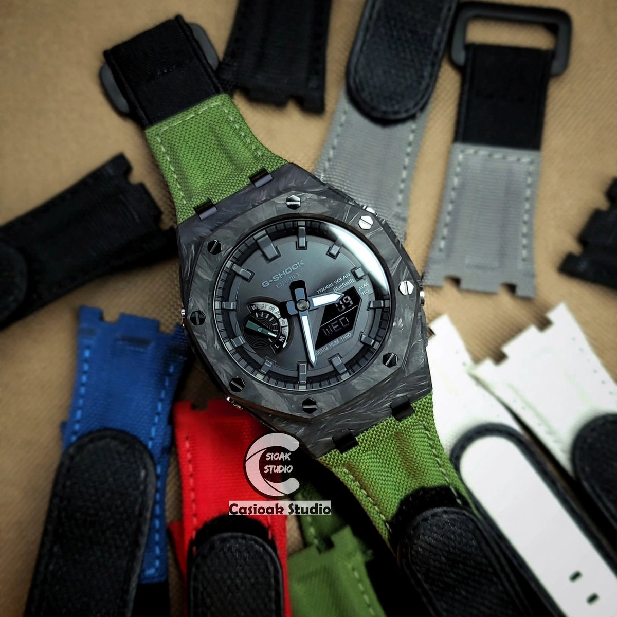 Casioak Mod Solar Watch Carbon Fiber Offshore Superior Black Case Green Nylon Canvas Strap Black Time Mark Black Dials 44mm