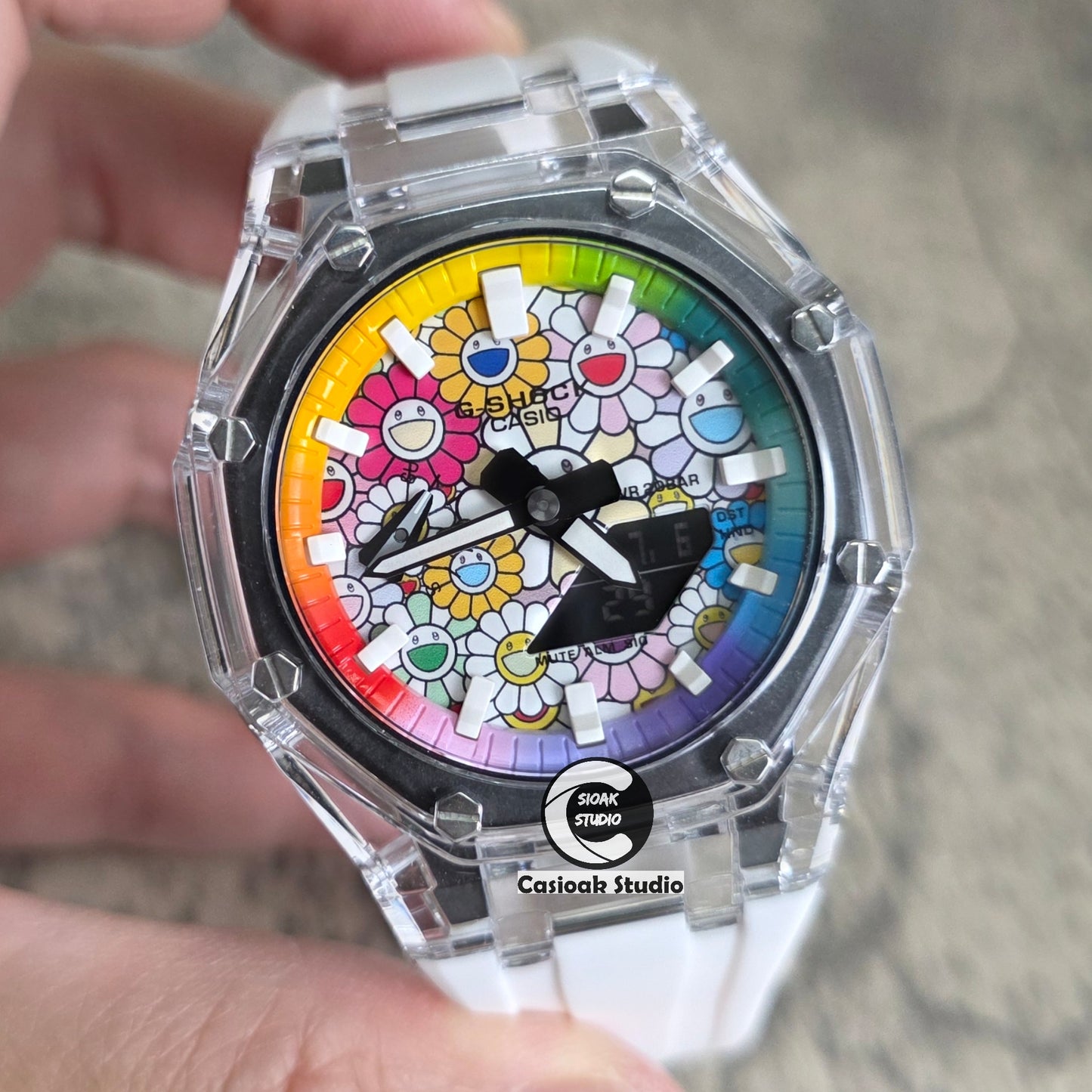 Casioak Mod Watch Transparent Case Strap Rainbow White Time Mark Takashi Murakami Dials 44mm