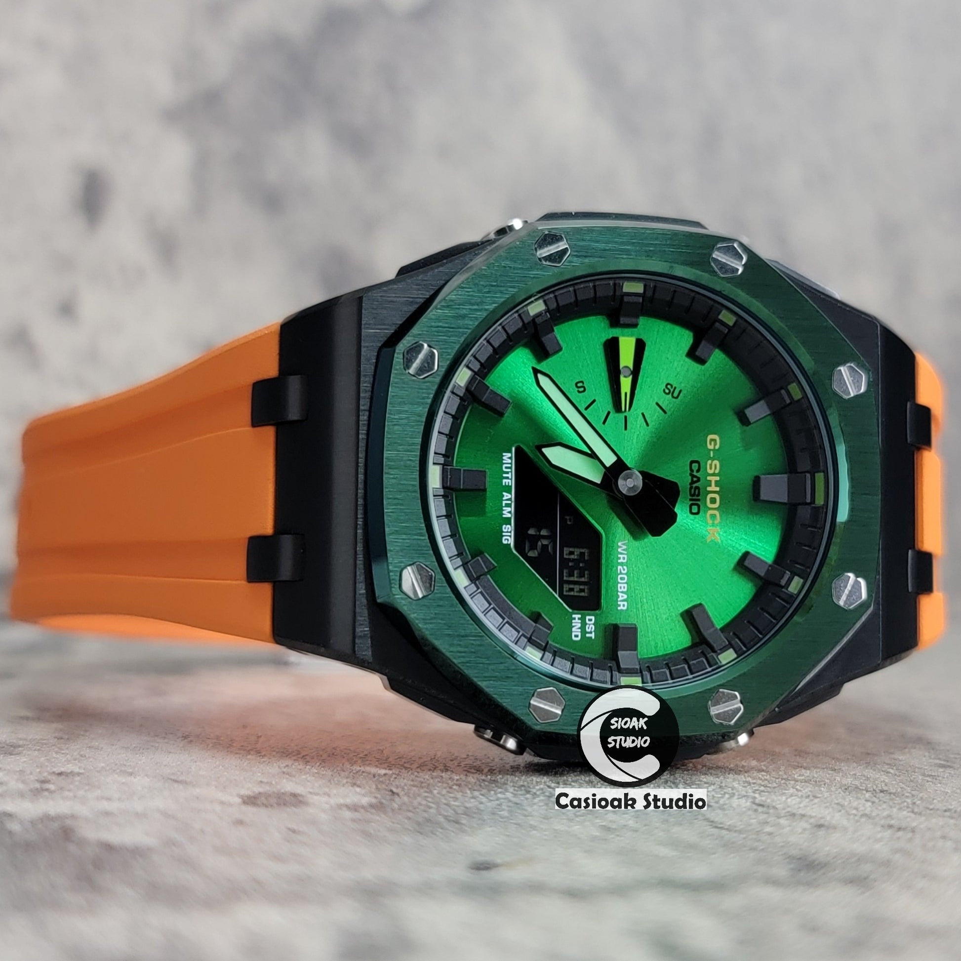 Casioak Mod Watch Offshore Superior Green Black Case Orange Rubber Strap Black Time Mark Green Dial 44mm - Casioak Studio