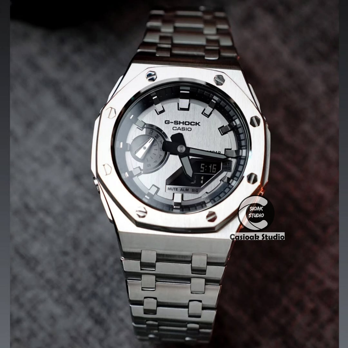 Casioak Mod Watch Offshore Superior Silver Case Metal Strap Black Gray Time Mark Gray Dials 44mm Gm2100