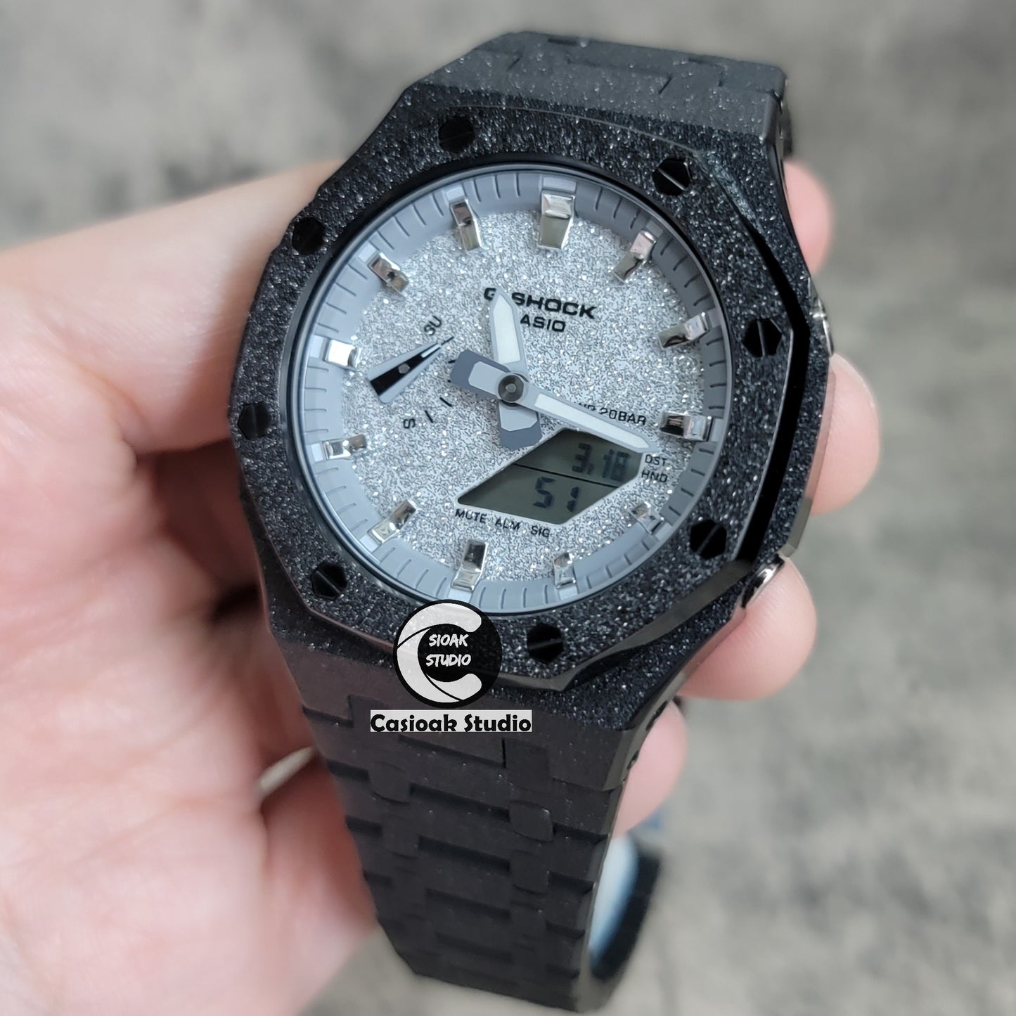 Casioak Mod Watch Frosted Black Case Metal Strap Gray Silver Time Mark Starry Silver Dial 44mm