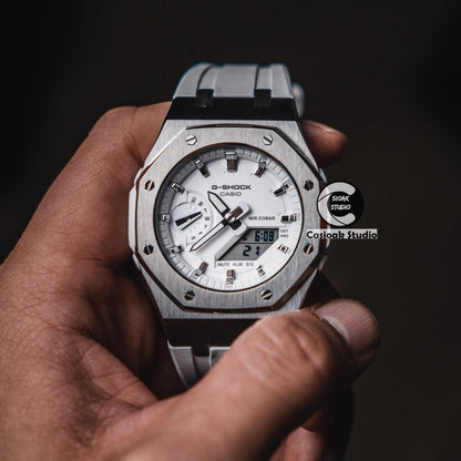 Casioak Mod Watch Silver Case White Rubber Strap White Silver Time Mark White Dials 42mm