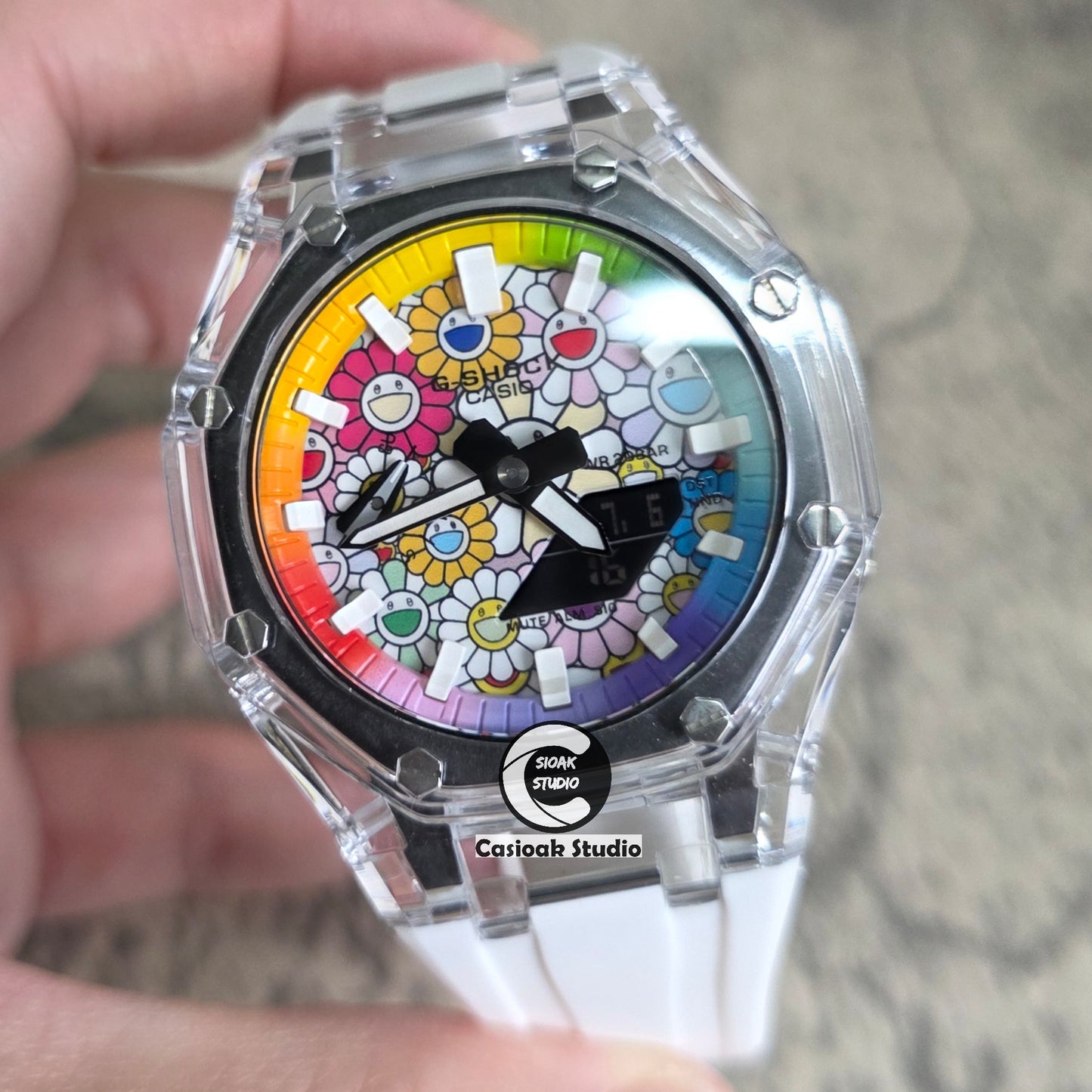 Casioak Mod Watch Transparent Case Strap Rainbow White Time Mark Takashi Murakami Dials 44mm