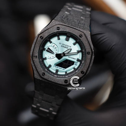 Casioak Mod Watch Frosted Black Case Metal Strap Black Time Mark Glacier Blue Dials 44mm