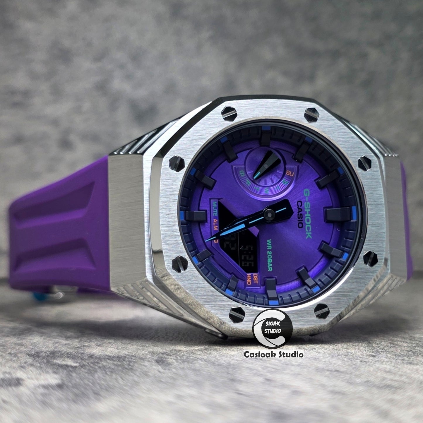 Casioak Mod Watch Black Panther Hb Silver Case Purple Strap Purple Black Time Mark Purple Dials 44mm