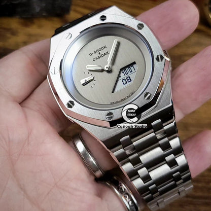 Casioak Mod Watch NEW Silver Case Metal Strap Silver Dials 44mm