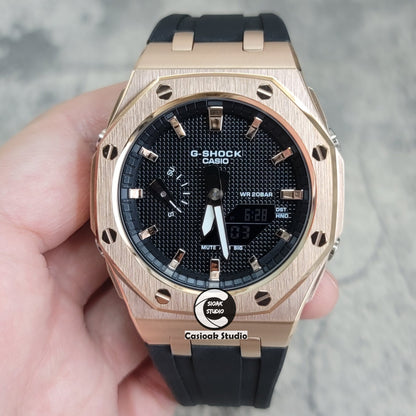 Casioak Mod Watch Offshore Superior Rosegold Case Black Rubber Strap Black Rosegold Time Mark Black Waffle Dial 44mm