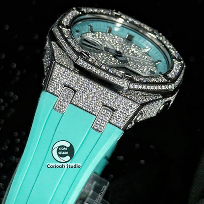 Casioak Mod Watch Diamond Style Silver Case Tiff Strap Tiff Silver Time Mark Diamond Style Dials 44mm