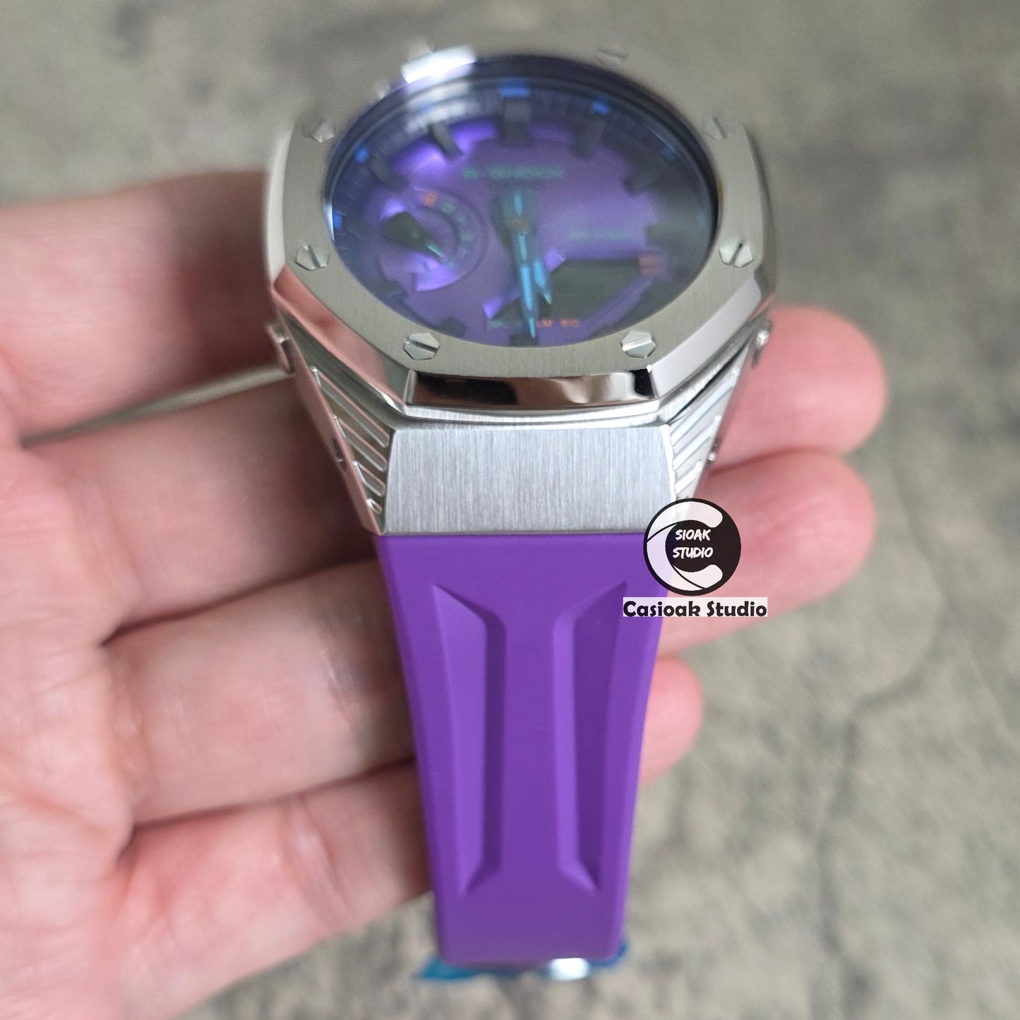 Casioak Mod Watch Black Panther Hb Silver Case Purple Strap Purple Black Time Mark Purple Dials 44mm