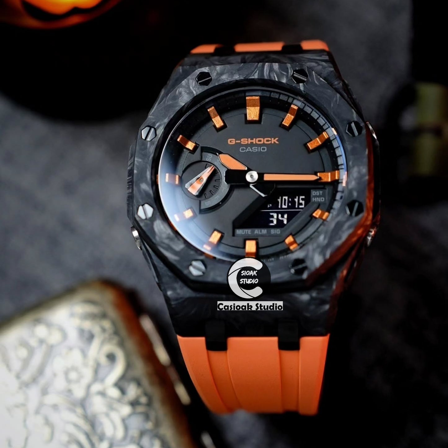Casioak Mod Carbon Fiber Offshore Superior Black Case White Strap Orange Black Time Mark Black Dials 44mm Orange Style