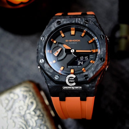 Casioak Mod Carbon Fiber Offshore Superior Black Case White Strap Orange Black Time Mark Black Dials 44mm Orange Style