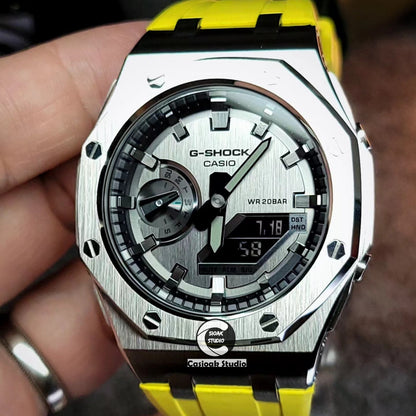 Casioak Mod Watch Offshore Superior Silver Case Yellow Rubber Strap Silver Time Mark Gray Dials 44mm