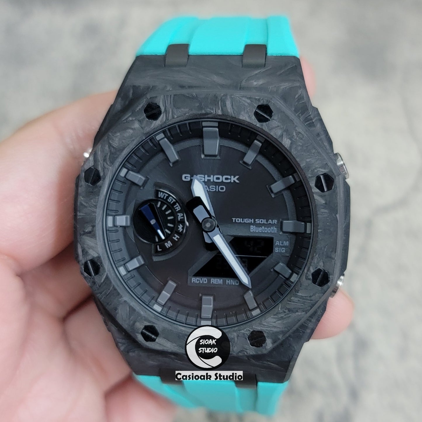 Casioak Mod Watch Solar Bluetooth Carbon Fiber Offshore Superior Black Case Tiff Rubber Strap Black Grey Time Mark Black Dial 44mm