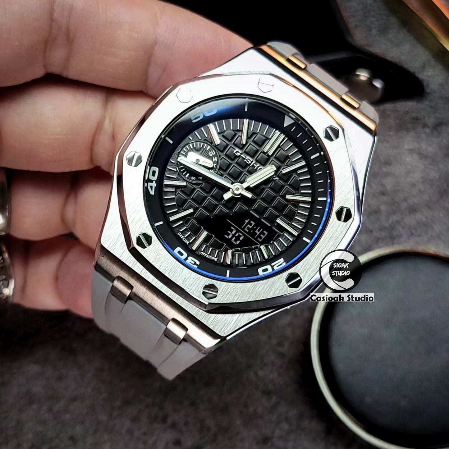 Casioak Mod Watch NEW Offshore Superior Silver Case Gray Rubber Strap Black Time Mark Black Dials 44mm