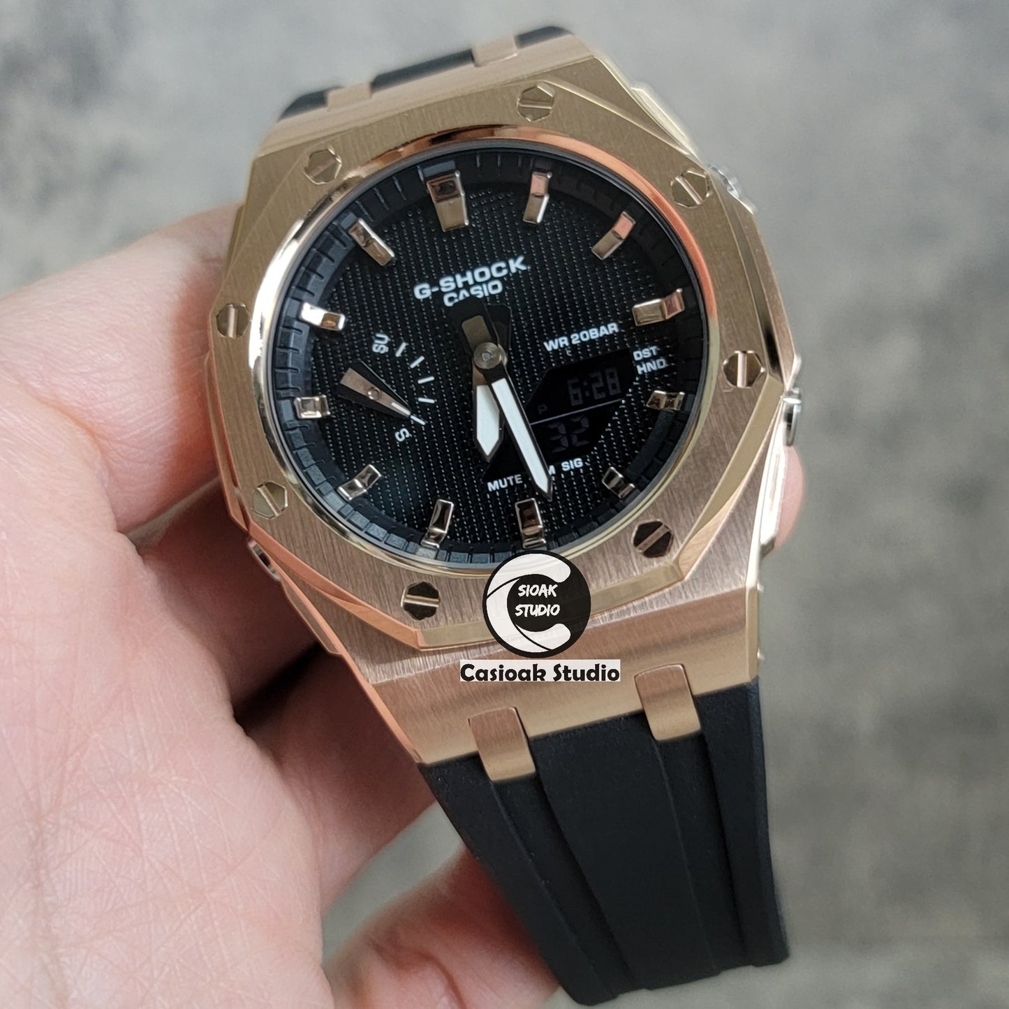 Casioak Mod Watch Offshore Superior Rosegold Case Black Rubber Strap Black Rosegold Time Mark Black Waffle Dial 44mm