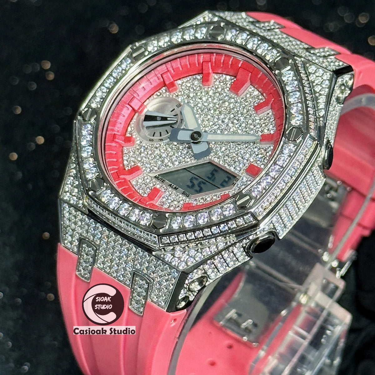 Casioak Mod Watch Diamond Style Silver Case Red Strap Red Time Mark Diamond Style Dials 44mm