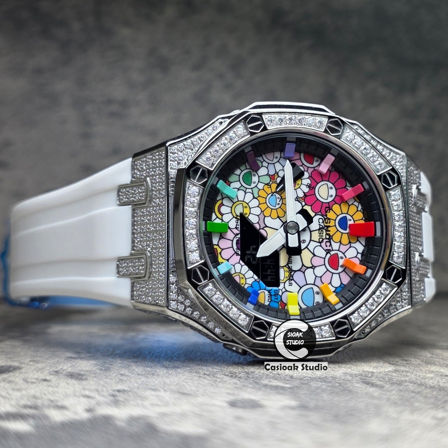 Casioak Mod Watch Diamond Silver Case White Strap Black Rainbow Time Mark Takashi Murakami Dials 44mm