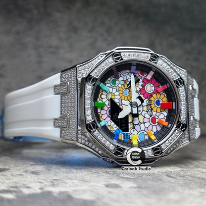 Casioak Mod Watch Diamond Silver Case White Strap Black Rainbow Time Mark Takashi Murakami Dials 44mm