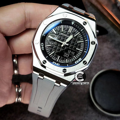 Casioak Mod Watch NEW Offshore Superior Silver Case Gray Rubber Strap Black Time Mark Black Dials 44mm