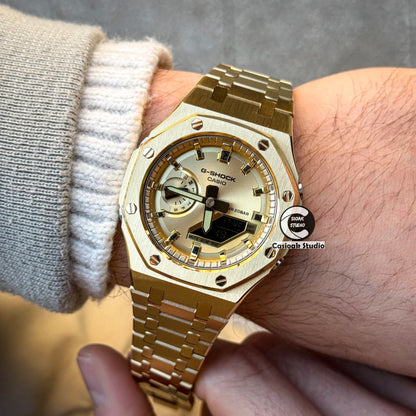 Casioak Mod Watch Gold Case Metal Strap Gold Time Mark Gold Dials 44mm
