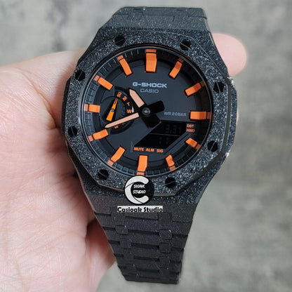 Casioak Mod Watch Frosted Black Case Metal Strap Black Orange Time Mark Black Dial 44mm