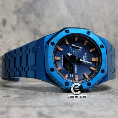 Casioak Mod Watch Blue Case Metal Strap Black Rosegold Time Mark Blue Waffle Dial 44mm