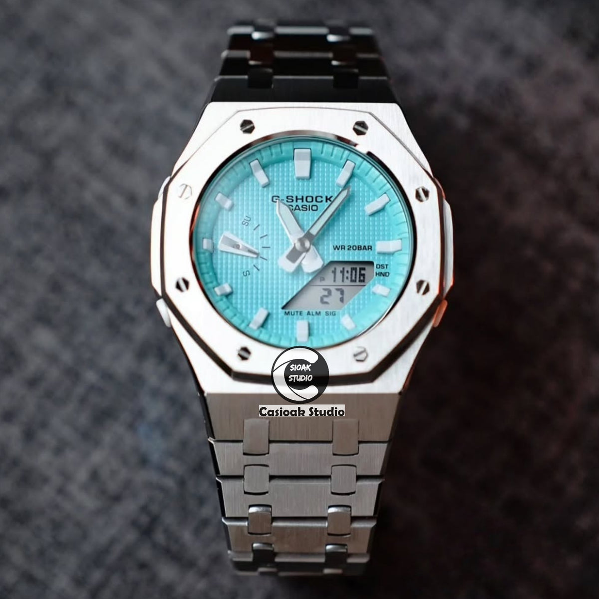 Casioak 改裝手錶 銀色錶殼 金屬錶帶 Tiff White 時標 Tiff Blue 錶盤 42mm