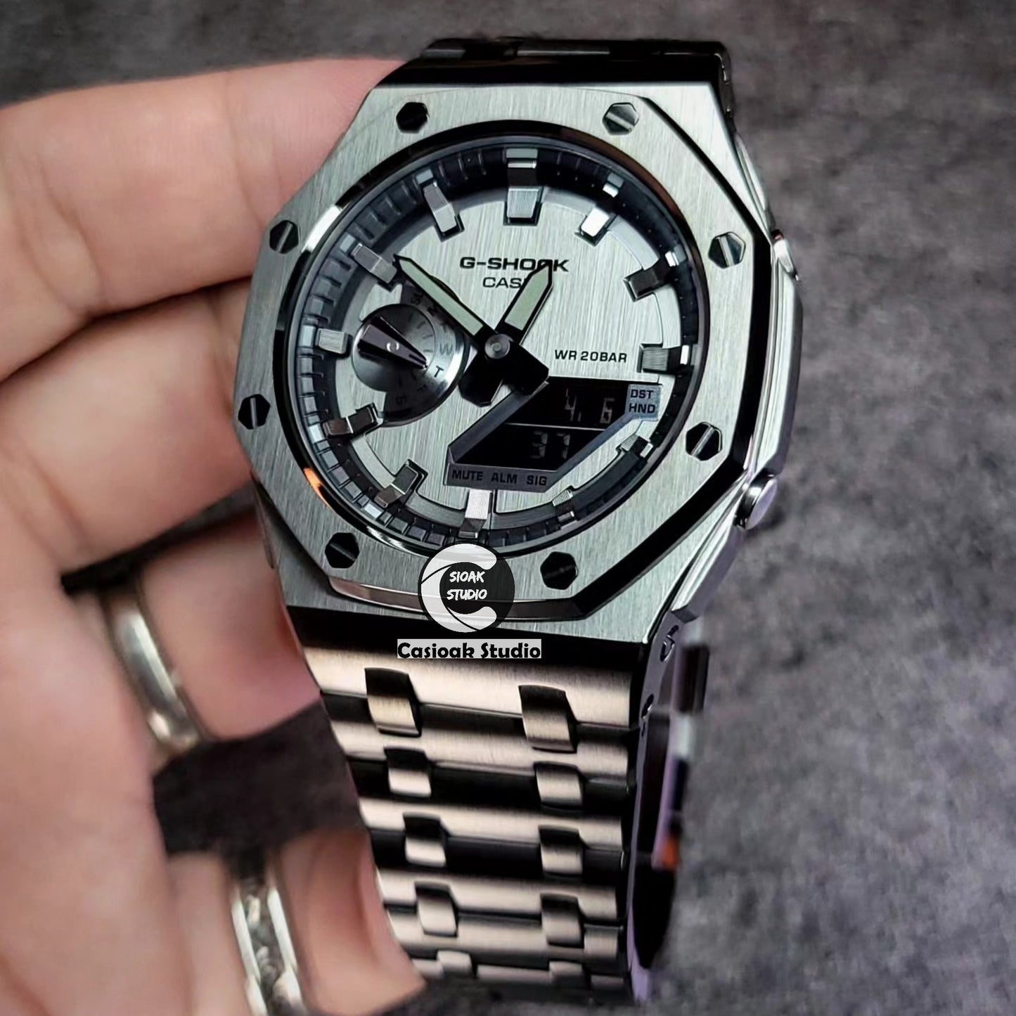 Casioak Mod Watch Offshore Superior Gray Case Metal Strap Black Gray Time Mark Grsy Dials 44mm Gm2100
