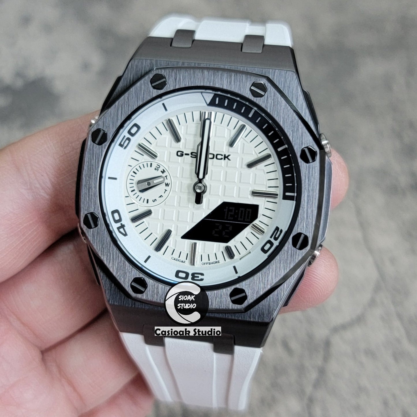 Casioak Mod Watch NEW Offshore Superior Gray Case White Rubber Strap White Time Mark White Dial 44mm