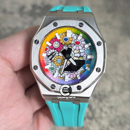 Casioak Mod Watch Offshore Superior Silver Case Tiff Rubber Strap Rainbow White Time Mark  Takashi Murakami Flower Dials 44mm