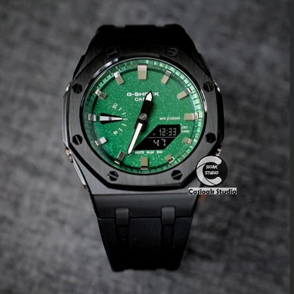 Casioak Mod Watch Offshore Superior Black Case Black Rubber Strap Green Silver Time Mark Green Dials 44mm