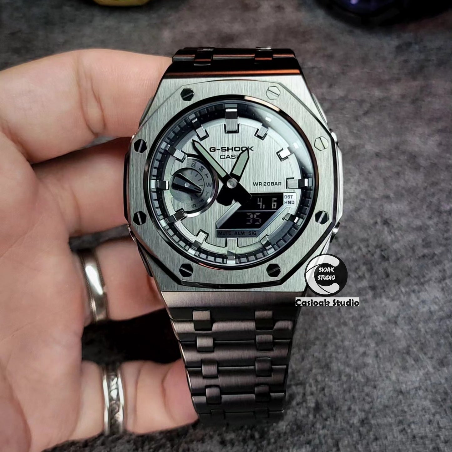 Casioak Mod Watch Offshore Superior Gray Case Metal Strap Black Gray Time Mark Grsy Dials 44mm Gm2100