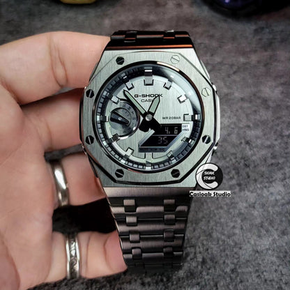 Casioak Mod Watch Offshore Superior Gray Case Metal Strap Black Gray Time Mark Grsy Dials 44mm Gm2100