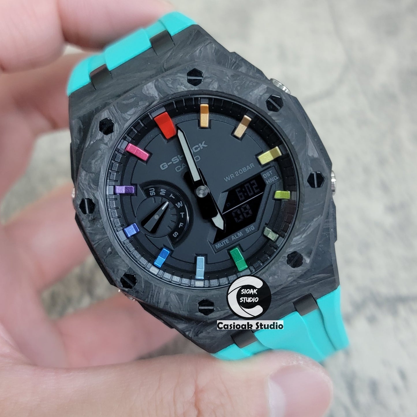 Casioak Mod Watch Carbon Fiber Offshore Superior Black Case Tiff Rubber Strap Black Rainbow Time Mark Black Dial 44mm