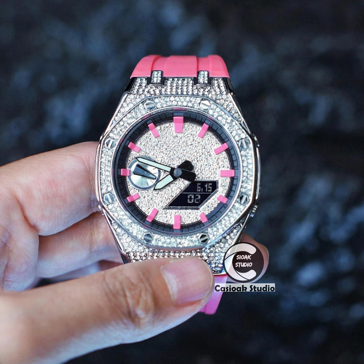 Casioak Mod Watch Diamond Style Silver Case Pink Strap Black Pink Time Mark Diamond Style Dials 44mm