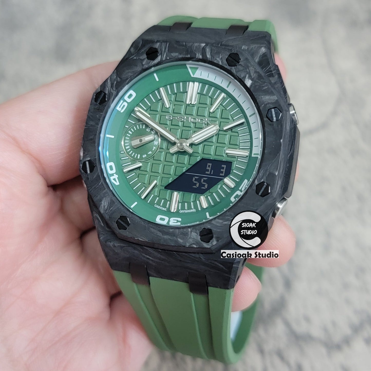 Casioak Mod Watch NEW Carbon Fiber Offshore Superior Black Case Green Strap Green Silver Time Mark Green Dial 44mm