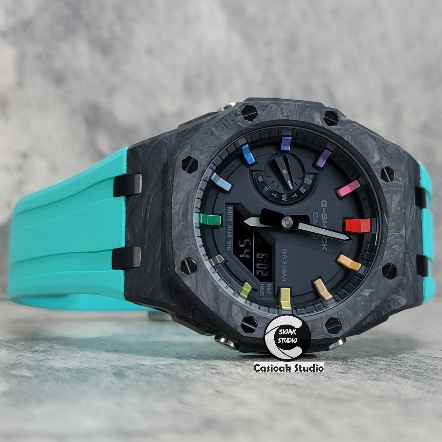 Casioak Mod Watch Carbon Fiber Offshore Superior Black Case Tiff Rubber Strap Black Rainbow Time Mark Black Dial 44mm